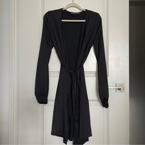 Black Long-Sleeve Satin Robe with Tie Belt